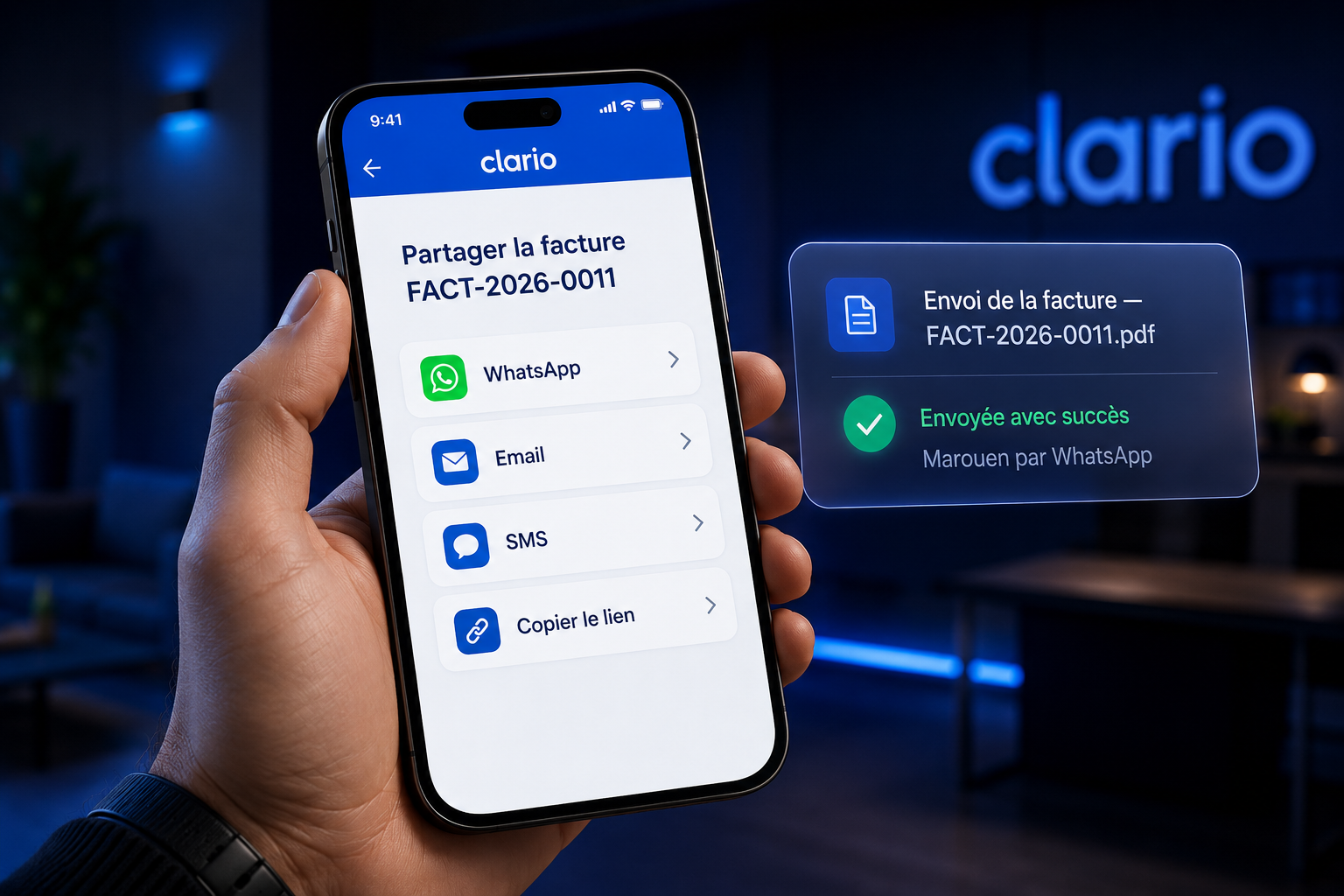 Partage de facture via WhatsApp, e-mail ou SMS